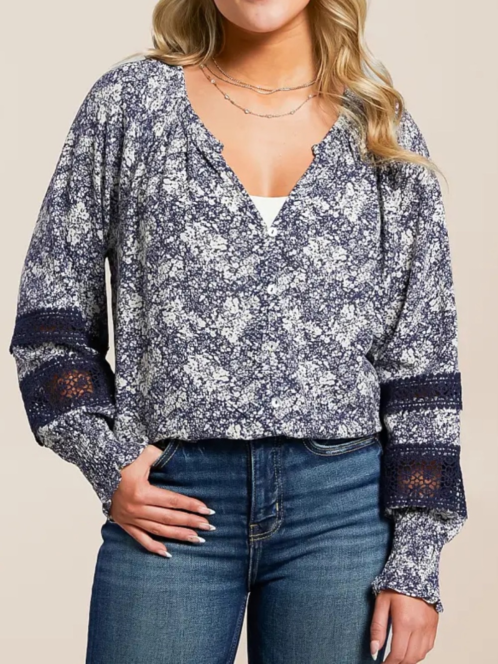 Daytrip Navy and White Floral Lace Sleeve Blouse size XS NWT
